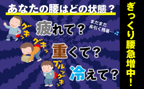 紫の背景に腰を押さえる人物のイラストが3人描かれ、「あなたの腰はどの状態?」「疲れて?重くて?冷えて?」という文字とともに、「ぎっくり腰急増中!」という警告が黄色い文字で強調されているバナー。右上には「まだまだ長引く残暑…」の文字もあり、冷えによるぎっくり腰への注意喚起がされている。