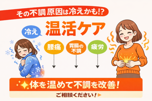 「その不調、原因は冷えかも！？温活ケア」と書かれたバナー。寒さでつらそうにしている女性と、体を温めて元気になった女性のイラスト。冷えによる症状として「腰痛」「胃腸の不調」「疲労」が紹介され、「体を温めて不調を改善！」というキャッチコピーが強調されている。