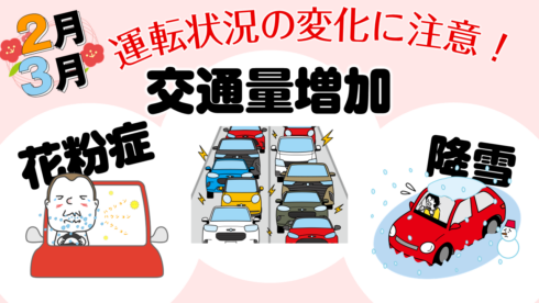 2〜3月は交通量が増加。花粉症や降雪で運転状況が変化し、交通事故に注意を呼びかけるイラスト